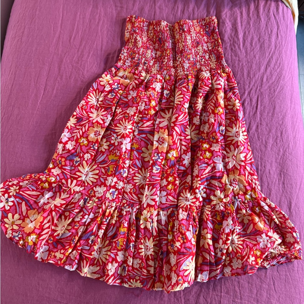 Lulu's Pink and Red Smocked Tiered Midi Dress / Maxi Skirt